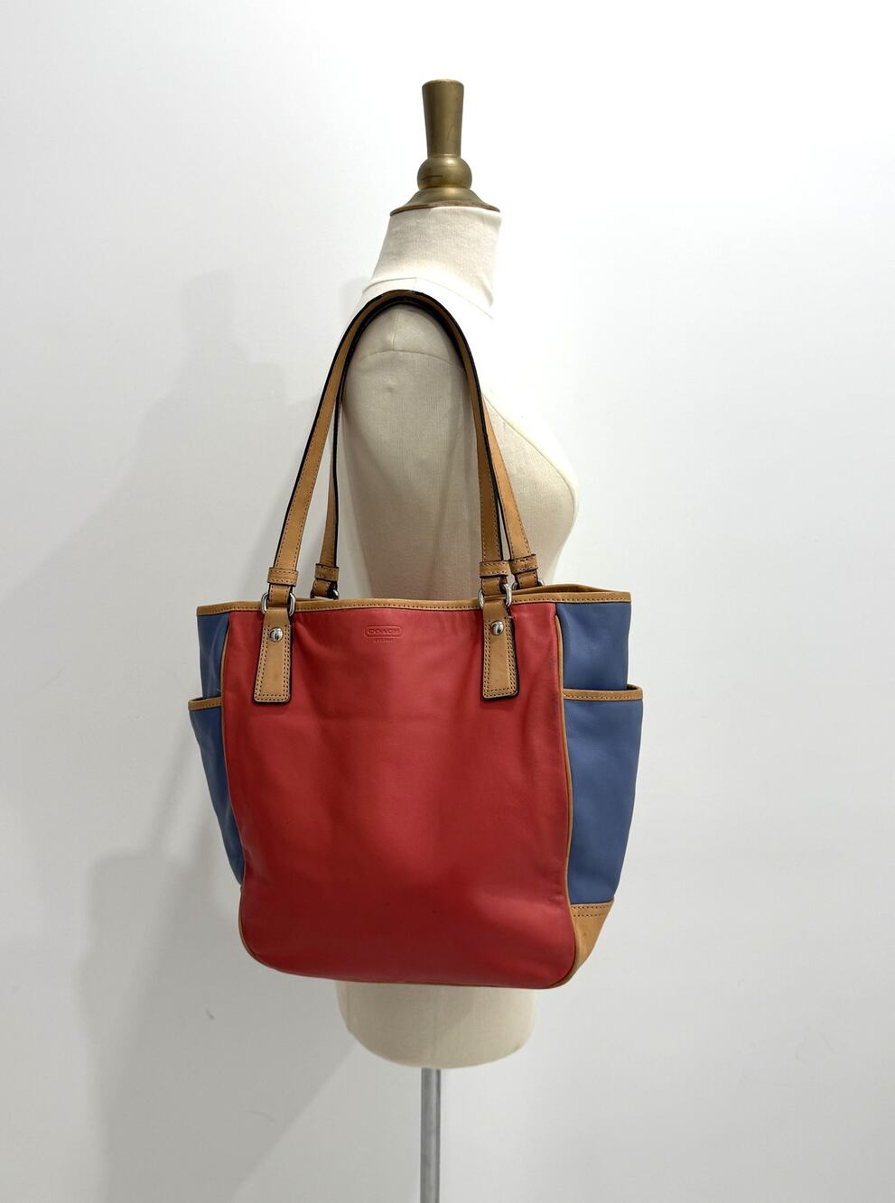 Coach F23683 Park Color Block Leather Tote Shoulder Bag Red Blue Tan
